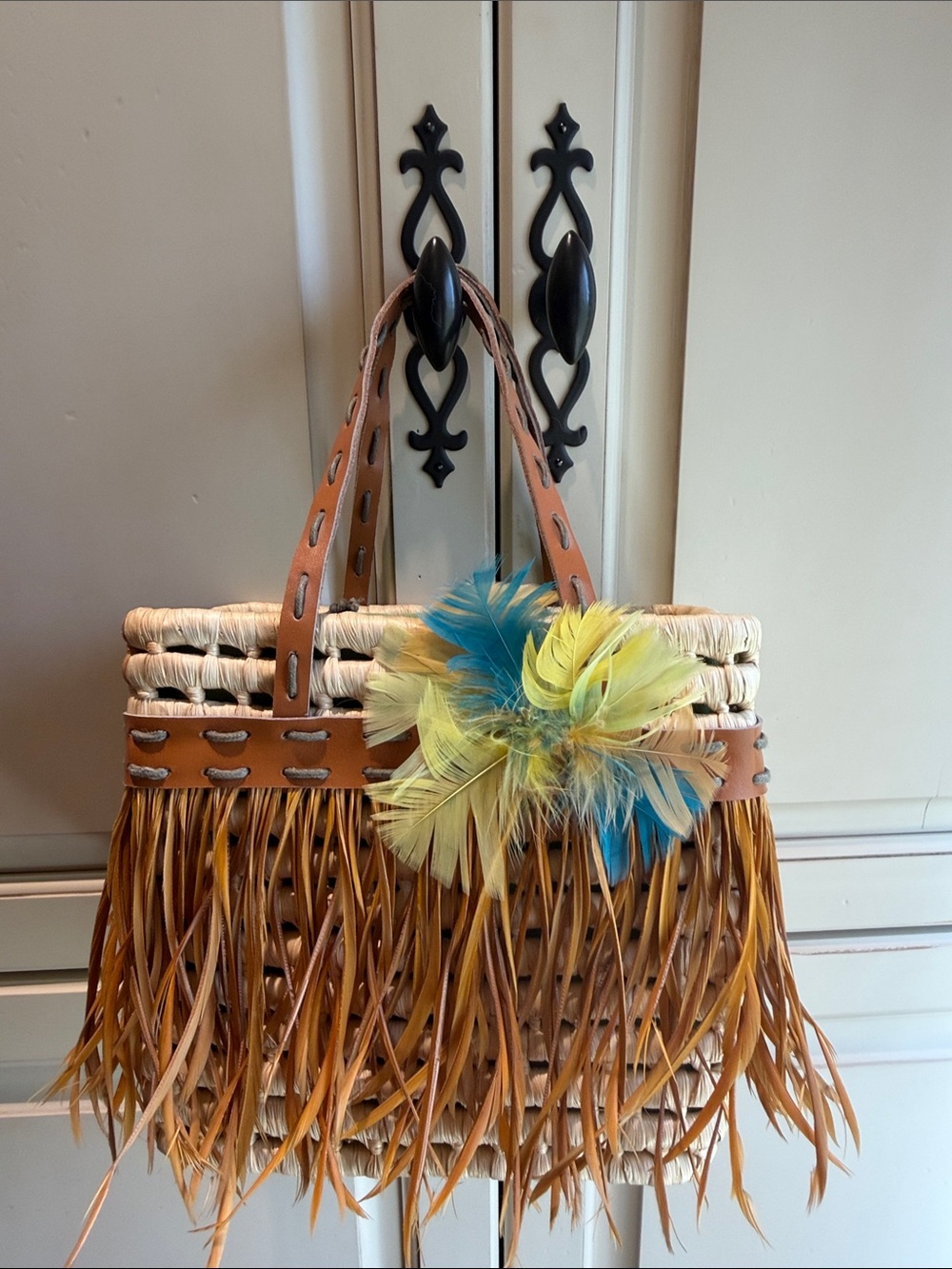 Boho Straw Fringe Tote with Blue & Yellow Feather Accent - Picture 1 of 5